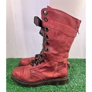 Dr. Marten Red Leather Floral lined Triumph 1914 Combat Boots SZ 8 Women MidCalf
